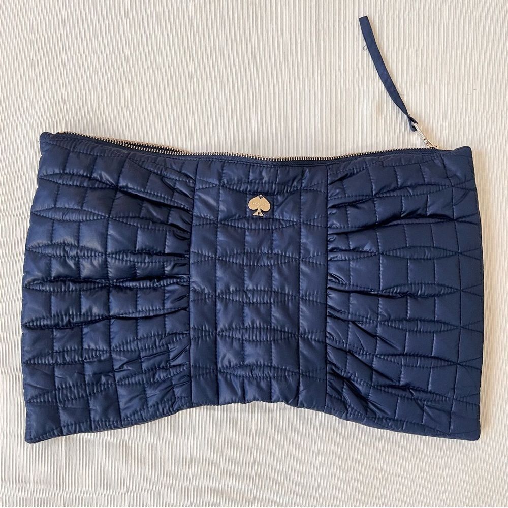 Kate Spade Large Travel Pouch Cosmetic Soft Bag Quilted Blue Gold Zip Accessory